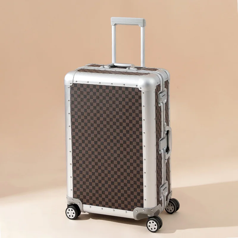 20/26 inch All Aluminum Plaid Vintage Suitcase Set Carry-on Luggage Men Trolley Case Women Boarding Business Trip Suitcase Mute