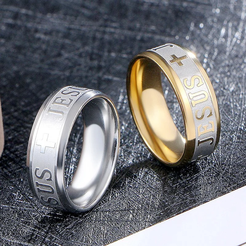 Stainless Steel Christian Jesus Cross Ring Letter Bible Prayer Finger Rings For Men 8mm Amulet Jewelry Party Xmas Gifts