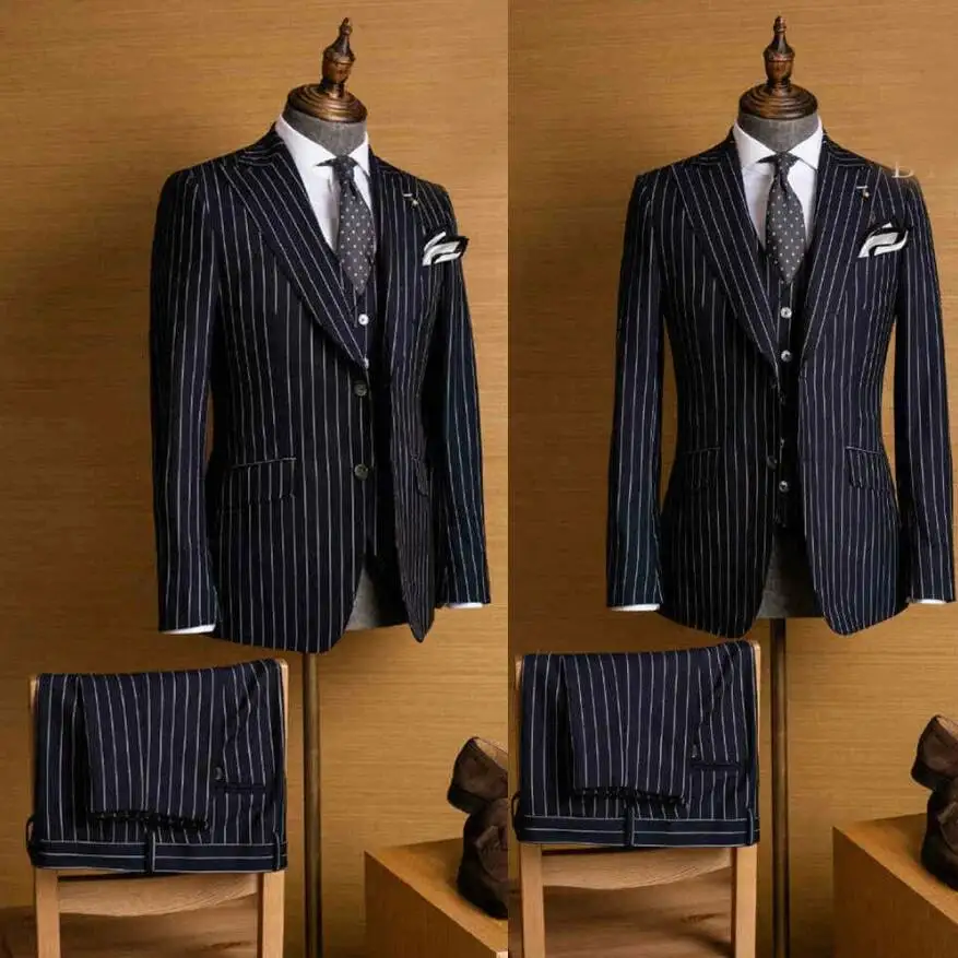 Fashion Men's Striped 3 Pieces Pinstripe Two Button Peak Lapel Office Party Formal Suits Size Tailored Summer Wedding Beach