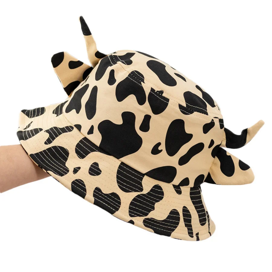 Cow Print Bucket Hats Cute Horn Ears Foldable UV Protection Fisherman Hat for Men Women Kids Summer Sport Hiking Beach Bob Hat