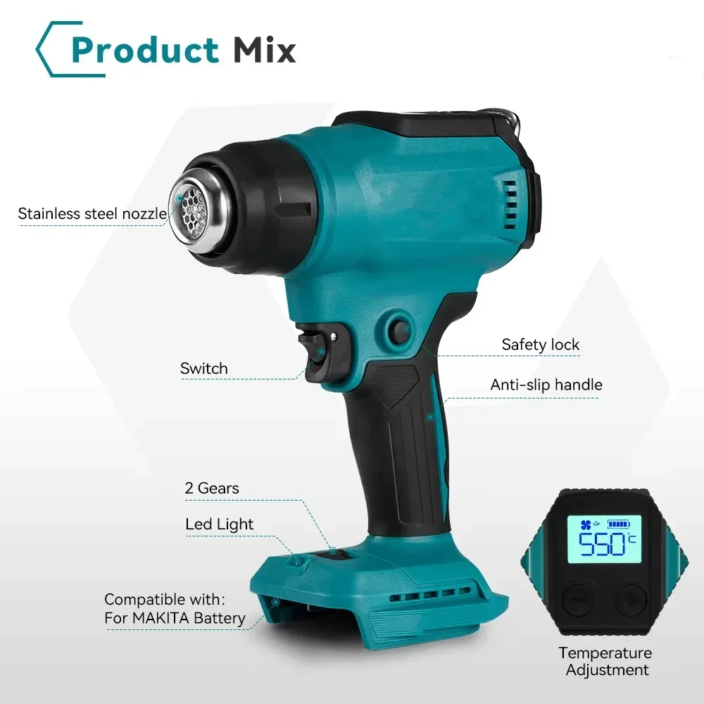 18V Heat Gun Shrink Wrapping Tool Hot Air Soldering Thermal Blow Dryer with LED Display Electronics Crafting No Battery