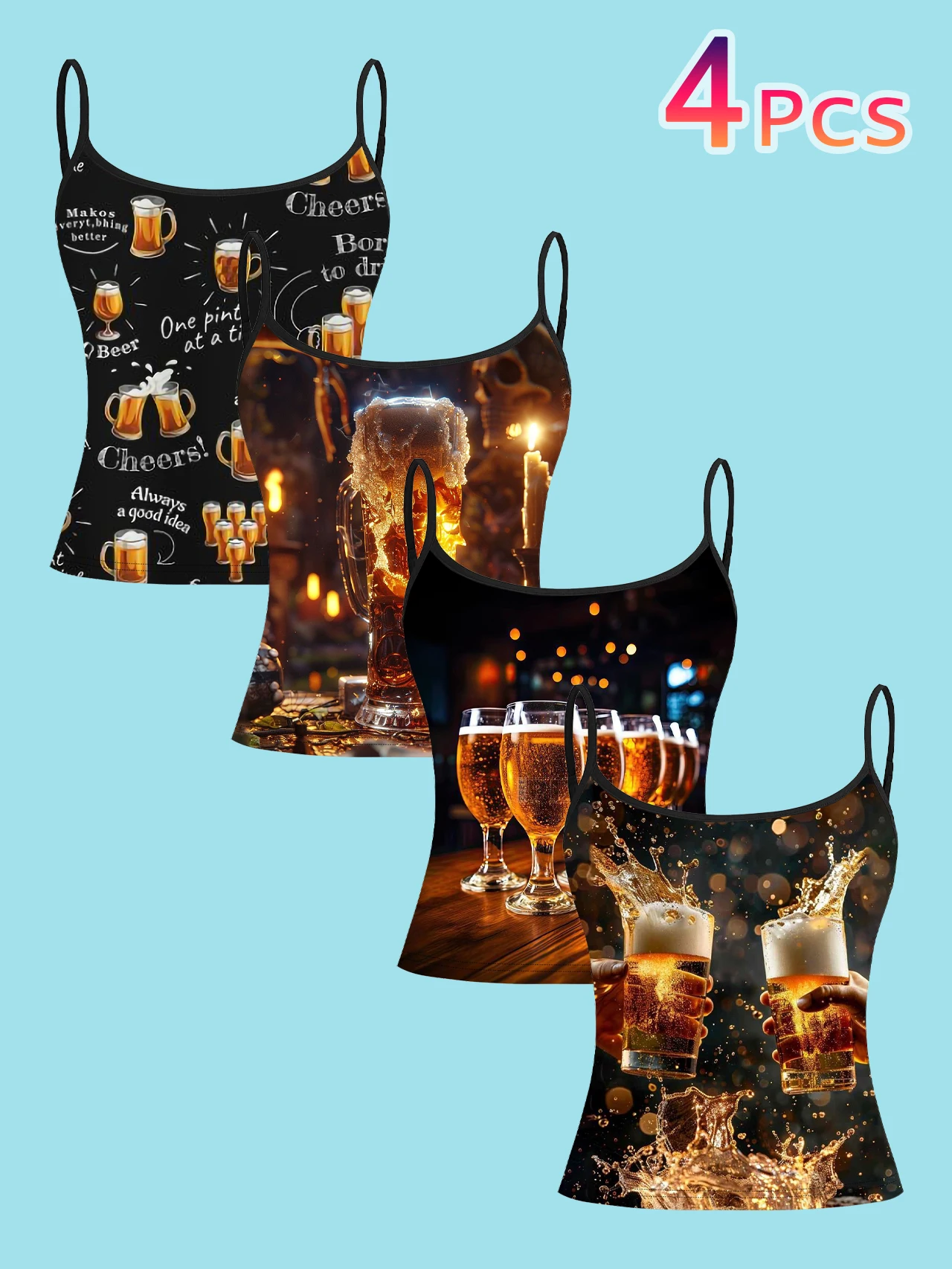 4-Piece Set of Beer-Themed Women's Camisoles with English Slogans, Candlelight Beer Glasses, and Splash Print, Slim-Fit Spaghetti Strap Short Camisole Tops