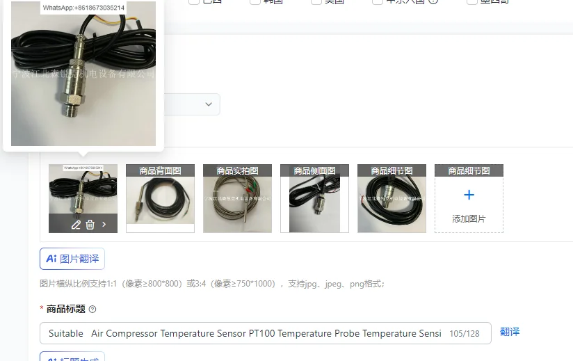 Air Compressor Temperature Sensor PT100 Temperature Probe DD-QW-65-01B Temperature Sensing Rod for Industrial Use