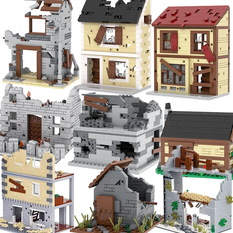 WW2 MOC Ruins Building Blocks Destroyed House War Scene Gunfight Guard Abandoned Construction Bricks Assemble Toys Boys Gift