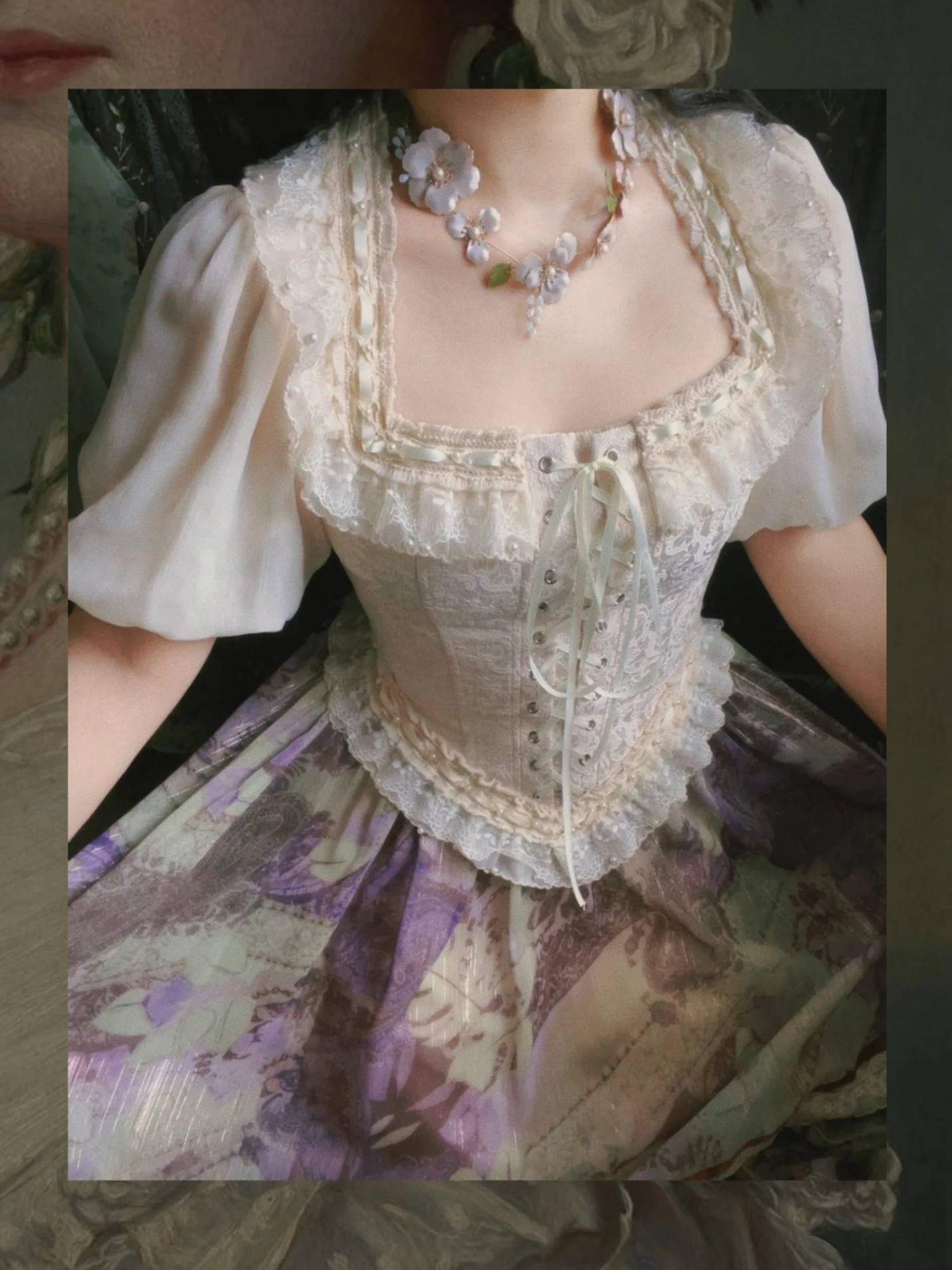 

Retro Edith Vintage Floral Print Lace Trim Halter Neck Dress Women's Fashion Summer Outfit Skirt And Top Set Short Sleeve