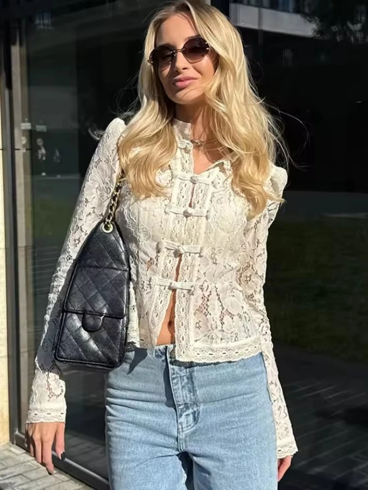 

Elegant Lace Hook Flower Hollow Long Sleeve White Blouse Summer Chic Commute Single Breasted Women Shirts Black See Though Tops