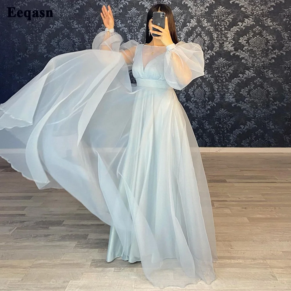 Eeqasn Simple A Line Saudi Arabia Prom Dresses Organza Long Puff Sleeves Women's Evening Party Gown Dubai Formal Prom Gowns 2022