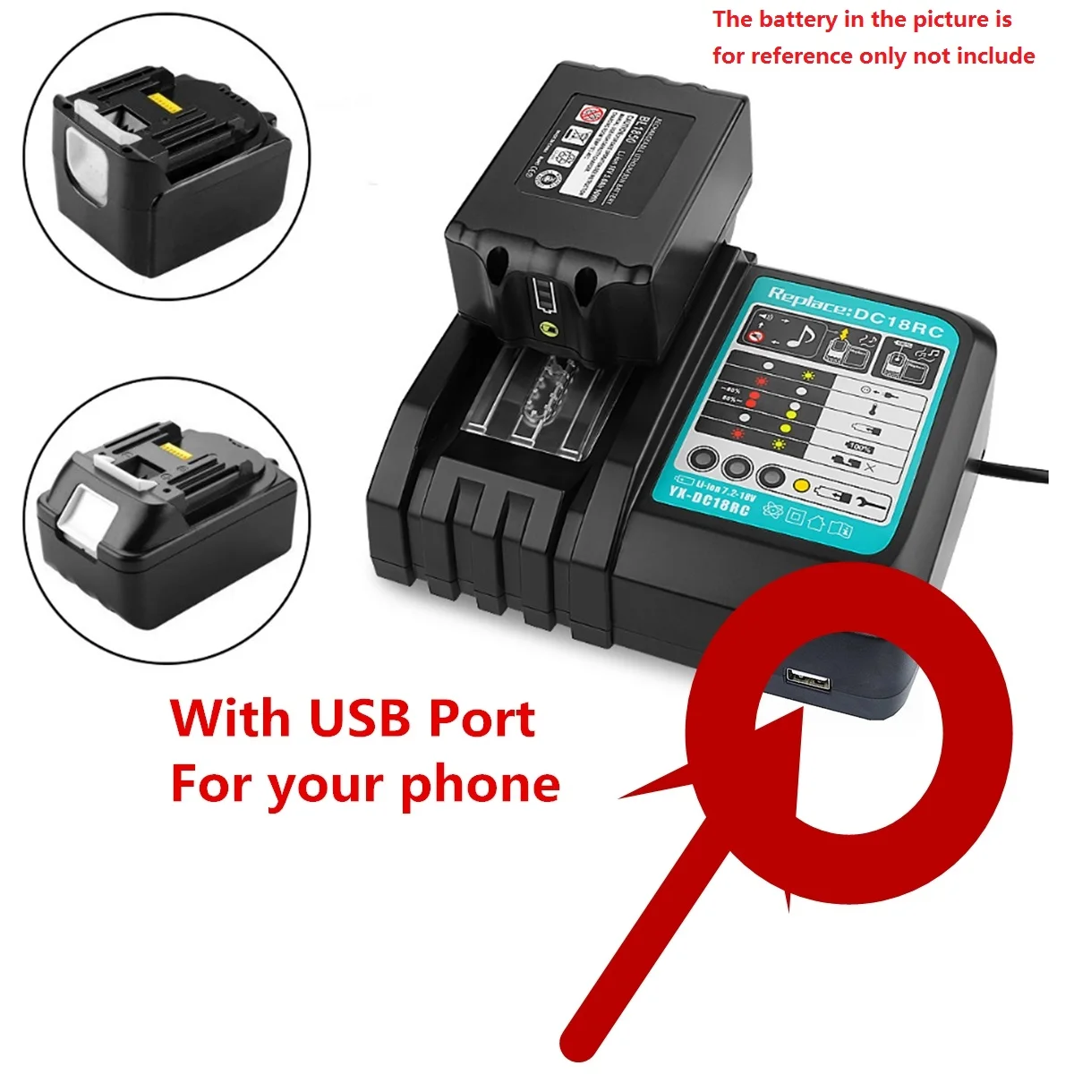 Li-ion Battery Charger 3A Charging Current for Makita 14.4V 18V BL1840 BL1830 BL1815 Bl1430 BL1415  DC18RC DC18RA with USB port