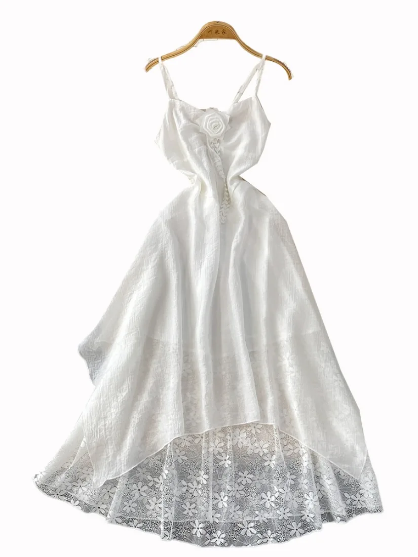 Foamlina Fairy Dress Womens White V Neck Strappy Sundress Ethereal Unique Maxi Dress Asymmetrical Hem Vintage Dress