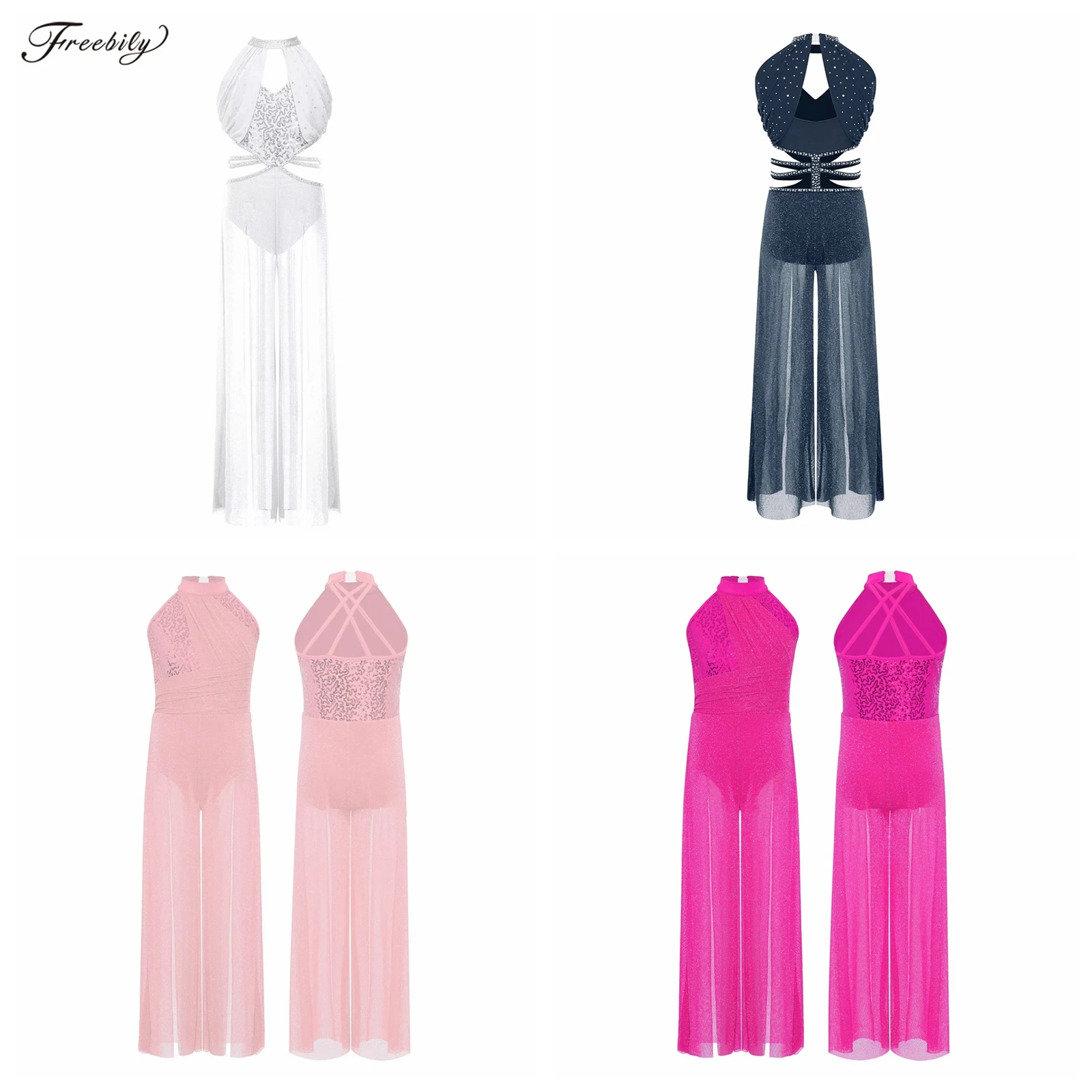 Kids Girls Lyrical Dance Cutout Jumpsuit Sequin Split Mesh Wide-leg Pants Bodysuit Modern Contemporary Ballet Dance Costume