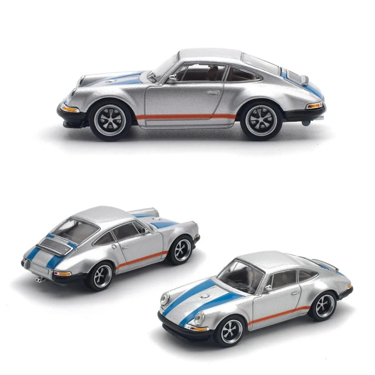 

Модель автомобиля Singer 964 "911" в масштабе 1:64 — серебристый с синими/оранжевыми полосами — Pop Race Diecast Model Car