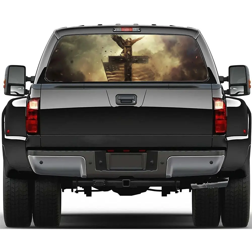 

The Cross and Eagle in A Chaotic Scene Car Accessories Rear Windshield Sticker, Truck Window See Through Perforated Window Car V