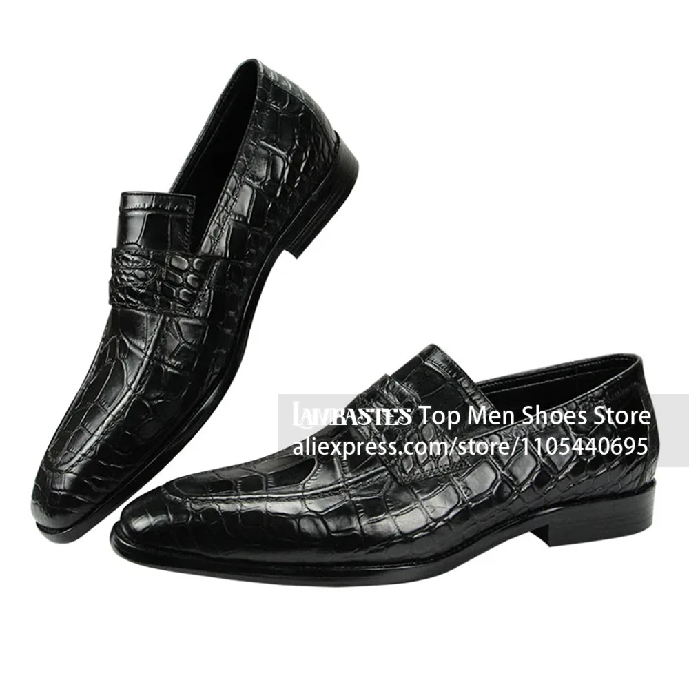 Men's Black Crocodile Embossed Loafers Croc Pattern Leather Slip on Formal Dress Loafers Luxury Crocodile Leather Dress Loafers