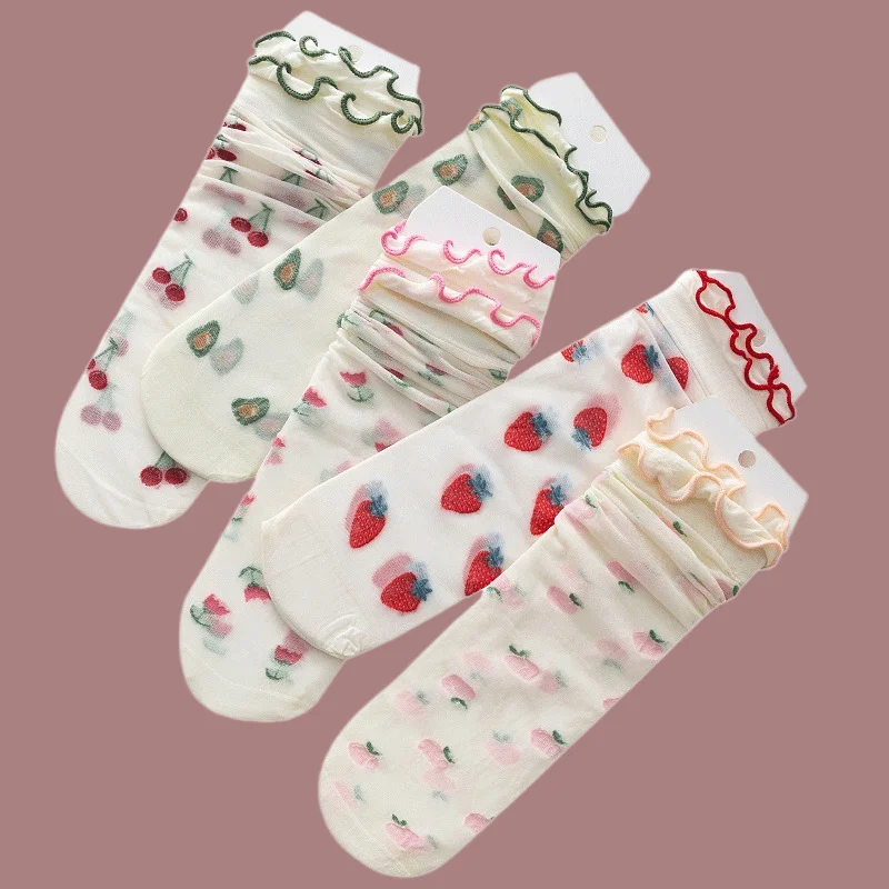 Calcetines finos de algodón con estampado de frutas para mujer, calcetín Invisible con punta dividida, transpirable, 5/10 pares