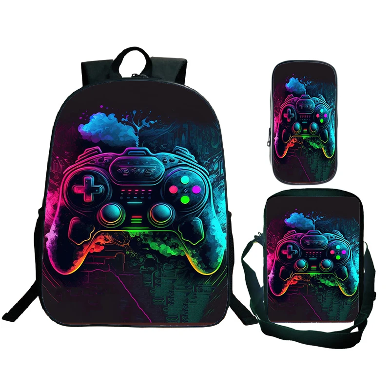 Funny Gamepads Print Backpack 3pcs Set Video Game Controller School Bag for Boys Girls Gamer Laptop Rucksack Children Book Bags