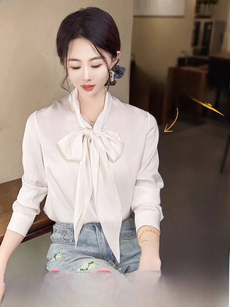 

Daily Wear White Sash Women's Silk Shirt Early Spring Knot Top Small Size Inner Wear Shirt OL Style Straig...