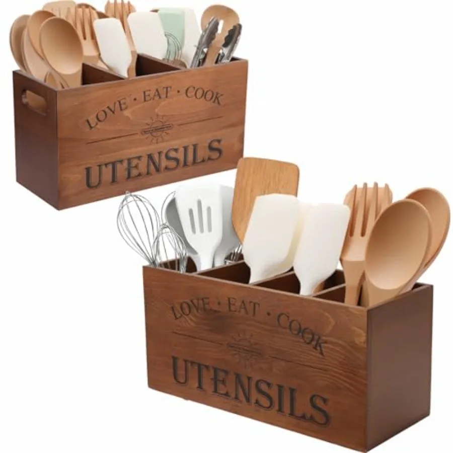 

2 PC Wooden Utensil Holder With 4-Compartments size*1 + 3-Compartments size*1 Extra Large Kitchen Counter Cooking Spatula Organ