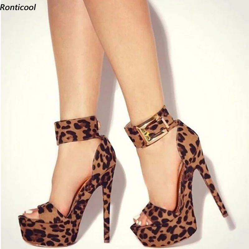 

Ronticool Handmade Women Summer Ankle Strap Sandals Sexy Stiletto Heels Open Toe Charm Leopard Party Dress Shoes US Size 5-20