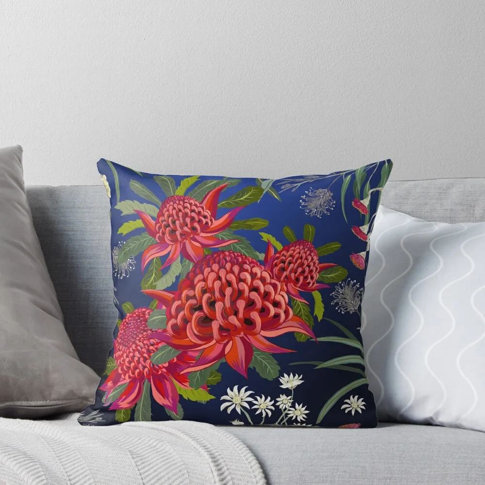 

Botanical Australian native flowers, Waratah, forals, red, blue, bright contemporary art Throw Pillow