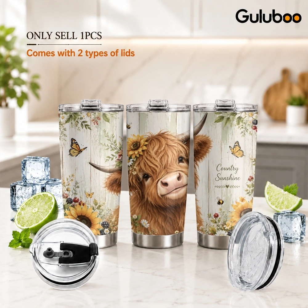 Highland Cow Sunflower Vacuum Flasks 20oz Long Lasting Hot Cold Drinks Container Leakproof Stainless Steel Cup&Straw&Travel Gift