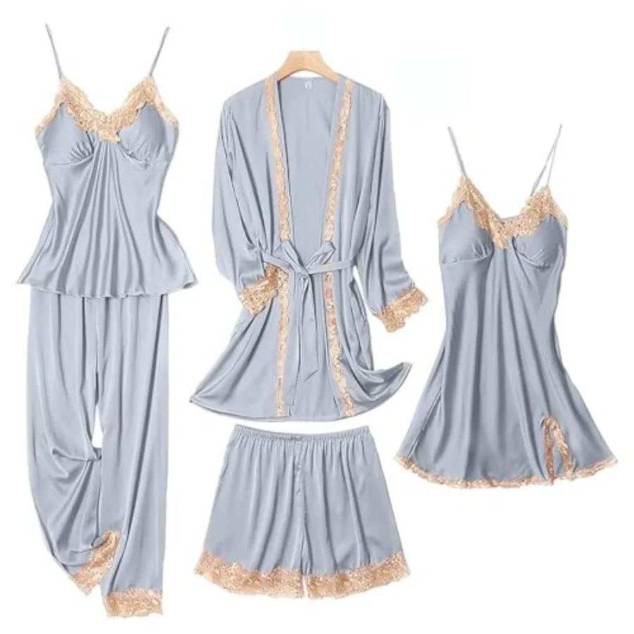 

SAPJON Womens Pajama Sets 5PCS Silk Pajamas for women Cute Sleepwear Loungewear Satin Pajamas Sets for Women Soft