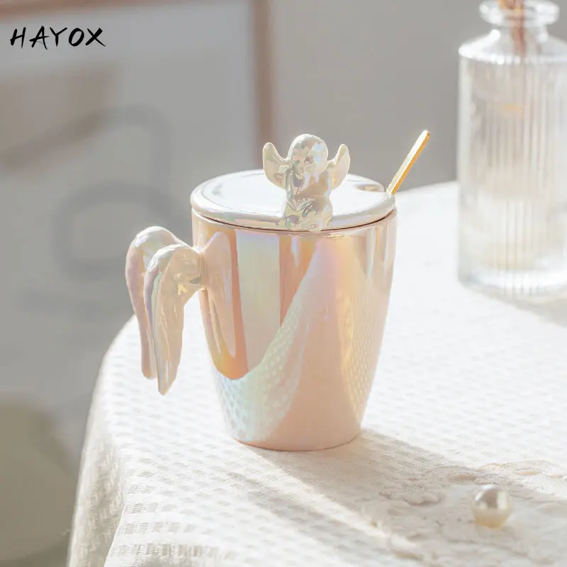 

Modern Angel Ceramic Tea Coffee Mugs Shape Decorative Cup Lids Milk Coffee Mug Creative Home Desktop Simple Breakfast Cups Spoon