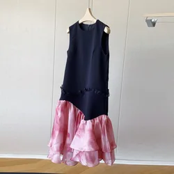 SuperAen Korean Style Sleeveless Summer Dresses for Women 2022 Fashion Patchwork Print Casual Trumpet Mermaid Dress