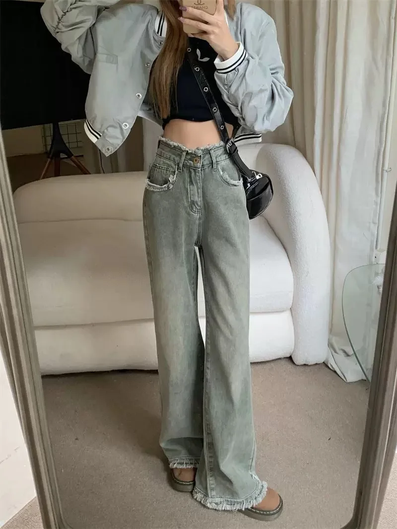 بنطال ذو قصة أرجل واسعة شريط مرن للمرأة الربيع والصيف عمودي سليم صالح مايكرو متوهج الحد الأدنى Altgoth صالة حزام الخصر الطيات الرجعية