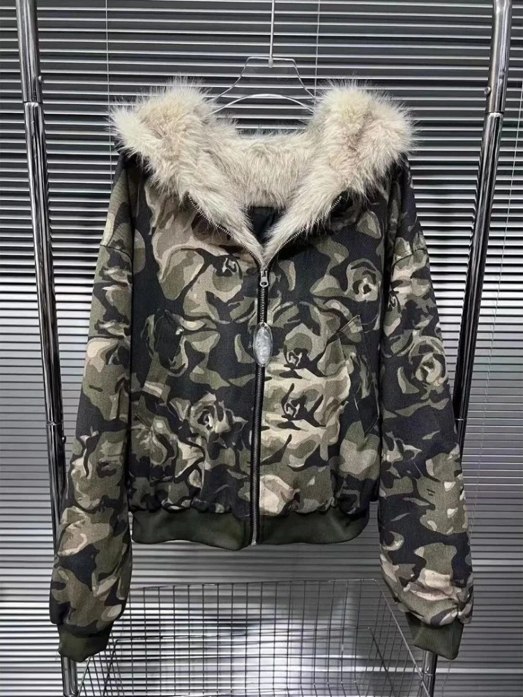 

American Vintage Hooded Plush Patchwork Camouflage Jacket Warm Casual Slim Cotton-padded Zipper Jacket Y2K Style Clothing Winter