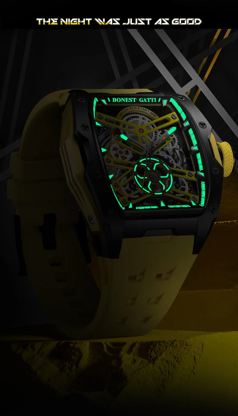 BONEST GATTI Orologio automatico da uomo 46MM Moda Tonneau Orologio da polso meccanico 50M Impermeabile Zaffiro Luminoso Viton Strap Sport