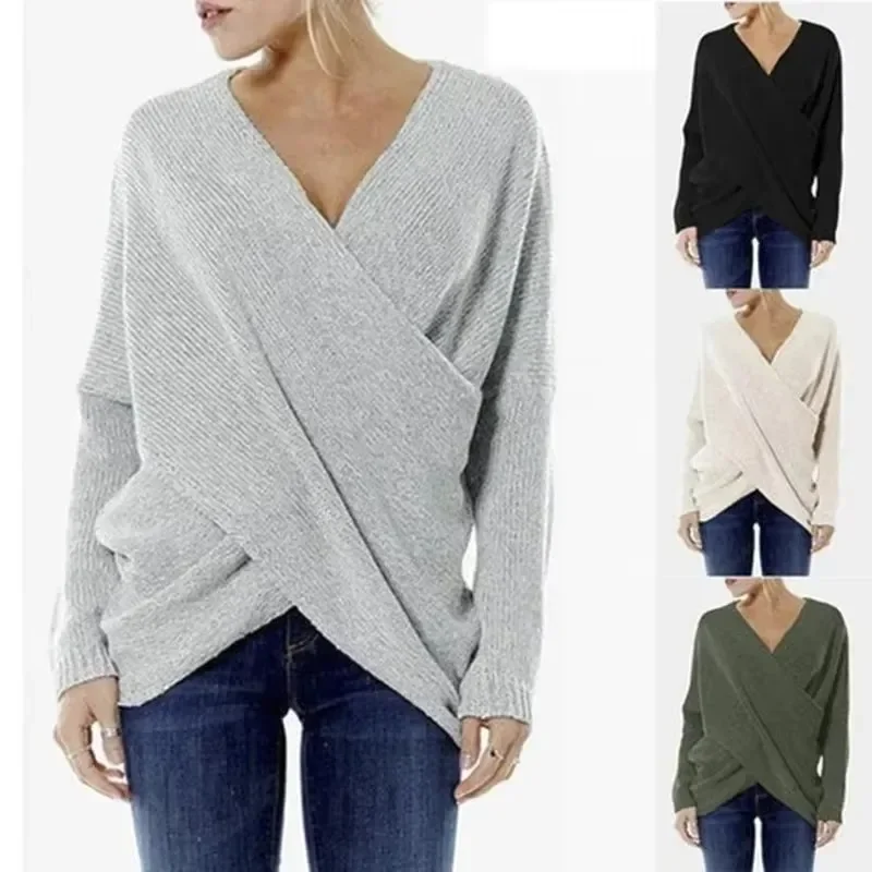 2026 New Fashion Women Casual Solid Color Batwing Sleeve Knitted Sweater Harajuku Cross Pullover V Neck Loose Oversized Tops