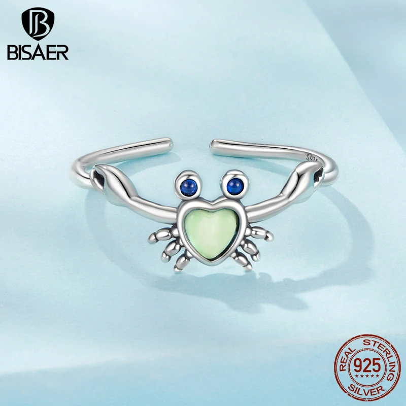 BISAER 100% 925 Sterling Silver Cute Crab Open Ring Adjustable Moonstone Heart Band for Women Party Fine Jewelry Holiday Gift