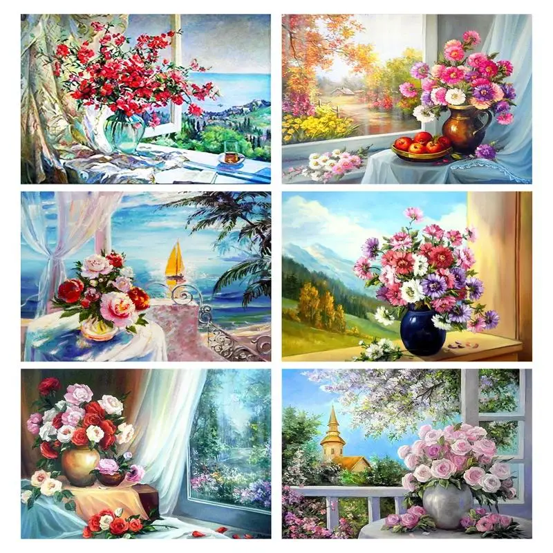 

PhotoCustom Diy Painting By Numbers Kits With Frame Window Sill Vase Coloring By Numbers Wall Art Picture For Home Decors