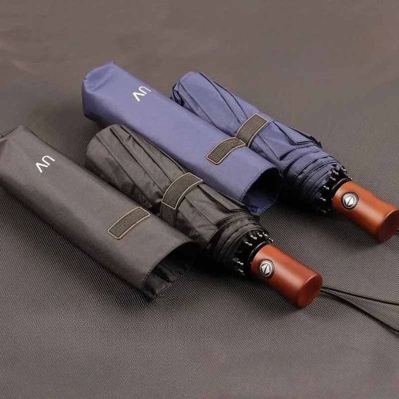 

High-end Fully Automatic Black Plastic Thickened Reinforced Durable Sunny Rainy Dual-use Three-fold Men's Business Umbrella