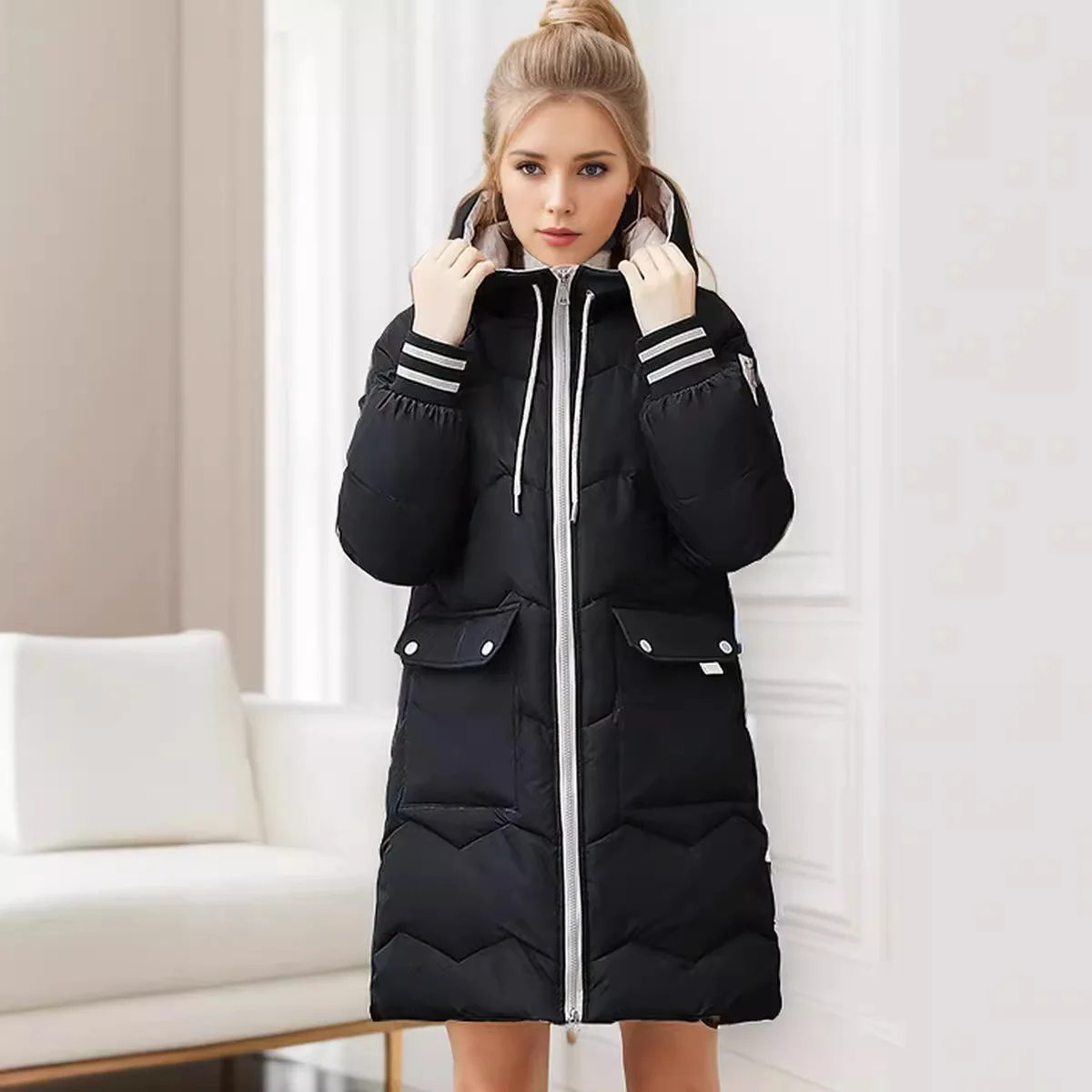 

2025 Autumn Winter Women's Jacket Zipper Hooded Thicken Warm Cotton Jacket Female Pure Color Casual Long Jacket Parka Tops