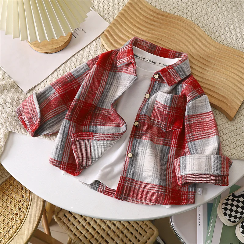 Boys' cotton shirt jacket 2025 high-quality checkered outdoor sports shirt for teenagers and children, baby birthday gift