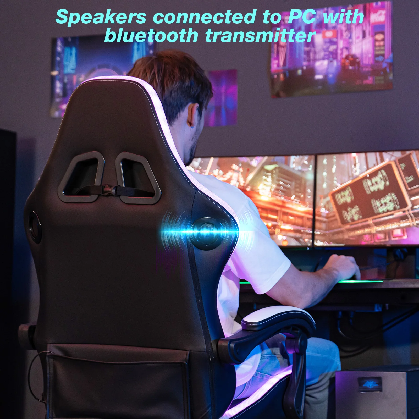 Silla para juegos con Altavoz Bluetooth, silla de oficina, luces LED ergonómicas, reposabrazos de altura ajustable para masaje, reposacabezas, soporte Lumbar