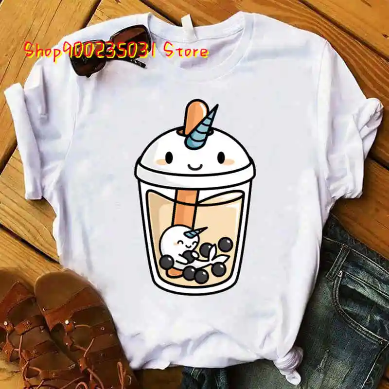 Cartoon Milk Tea Printed T Shirt Women Fashion T Shirt Casual Top 90s Narwhal Graphic Print Hip Hop Female Short Sleeve Cute Tee