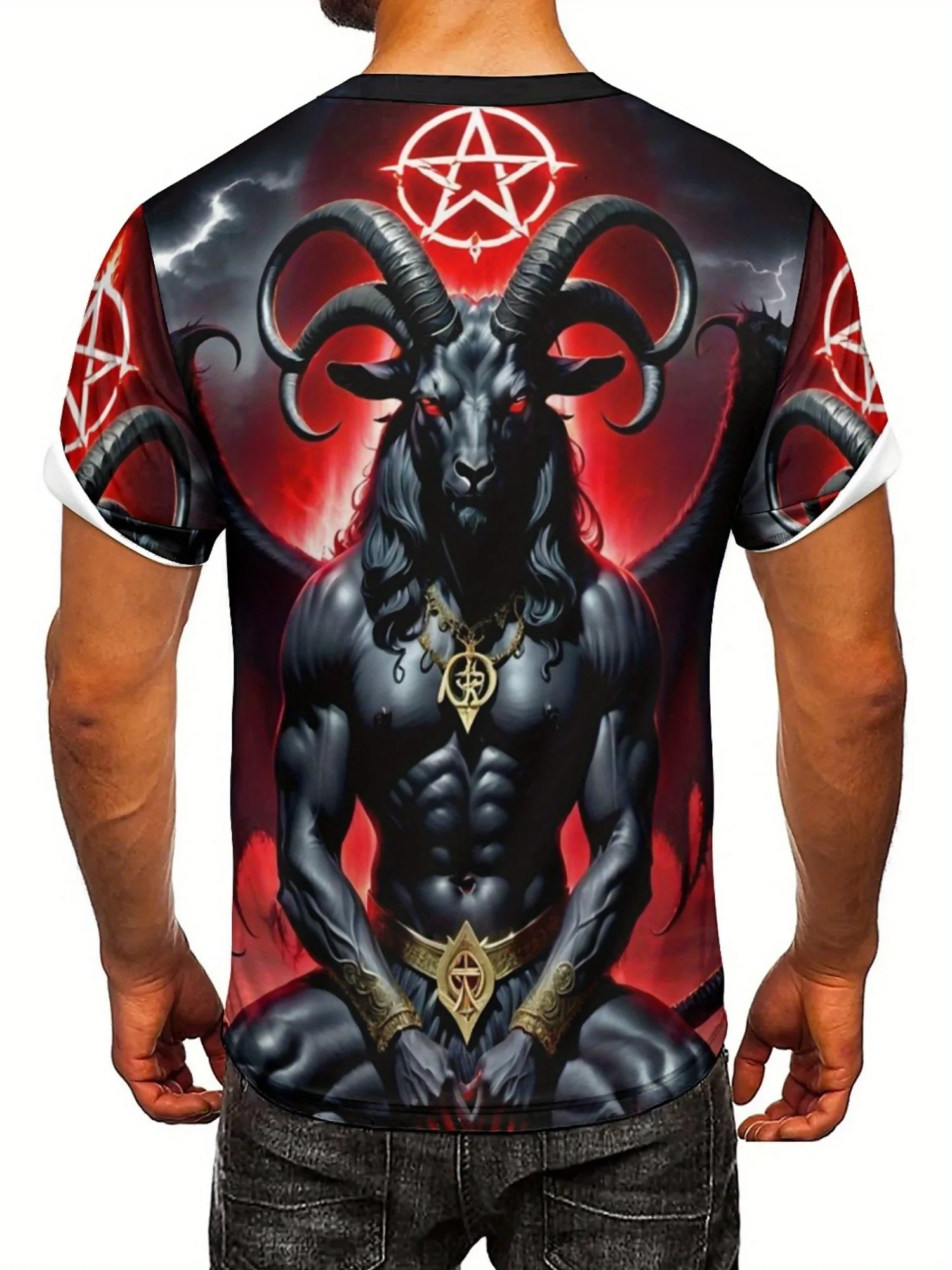 تي شيرت صيفي بطباعة ثلاثية الأبعاد على الطراز القوطي للرجال والنساء - بوليستر ناعم، تصميم هندسي جريء Baphomet الخماسي