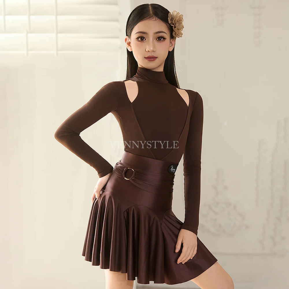 

VennyStyle Latin Dance Dress Girls High Neck Long Sleeve Leotard for Dance Training Practice Ballroom dance costumes