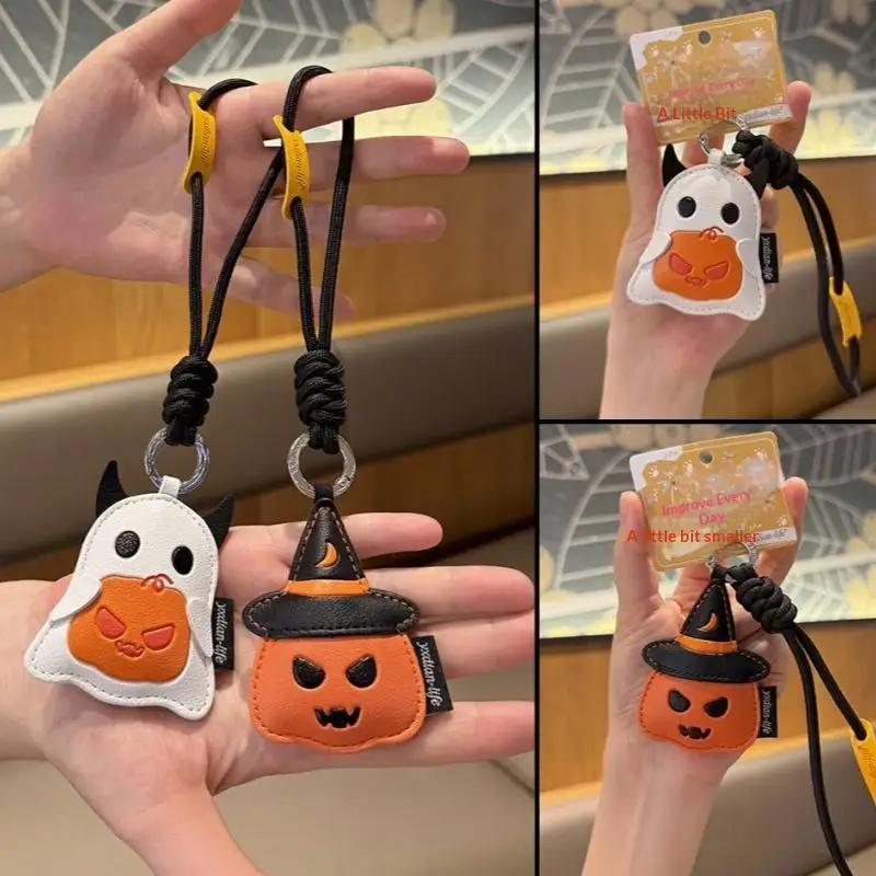 Kürbis-Geist-Anhänger Schlüsselanhänger Cartoon-Taschenanhänger PU-Leder Feiertags-Schlüsselringe für Taschen Halloween-Partys Urlaubsreisen – Detail 1