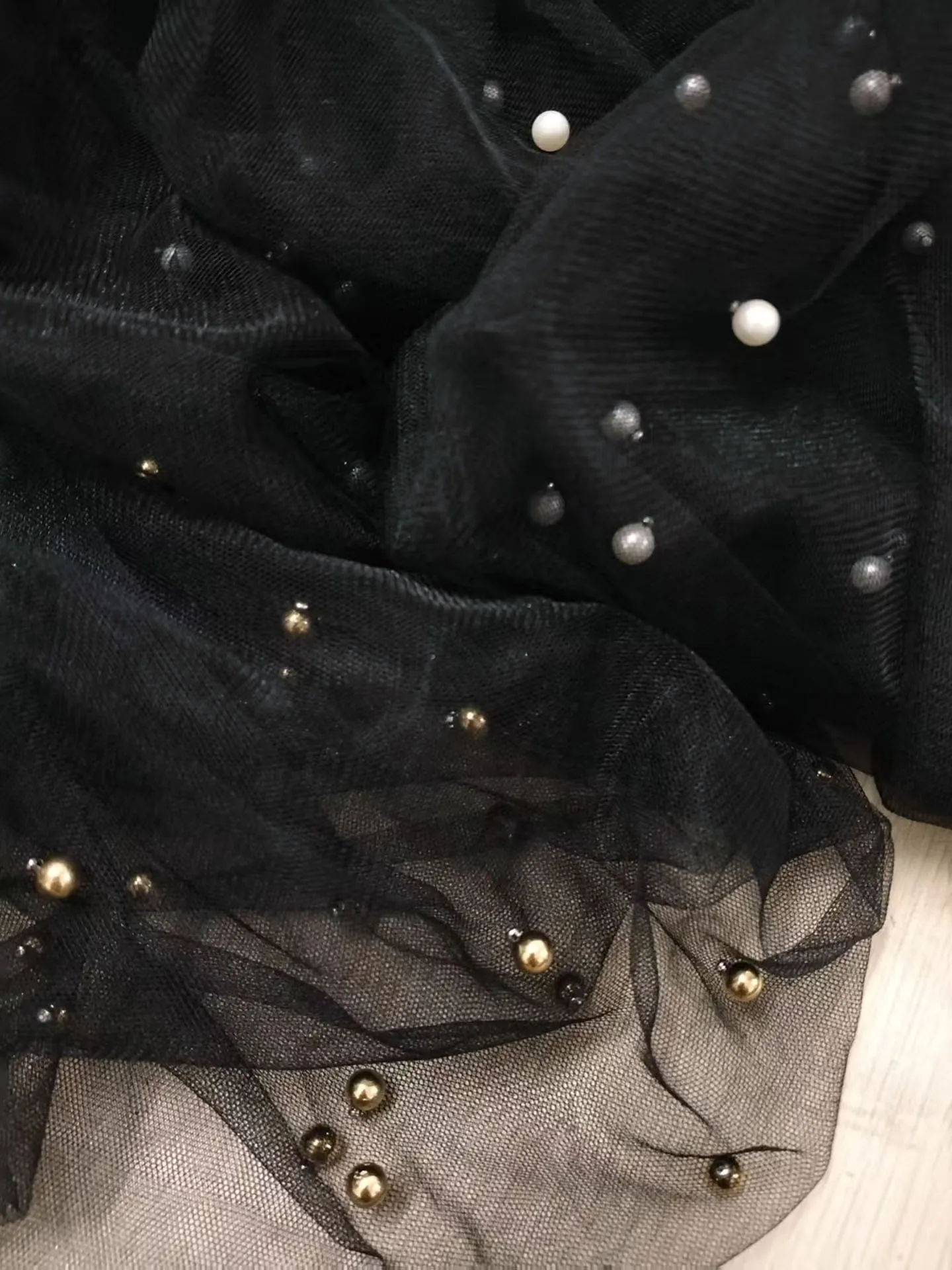 New fashion gold beads tulle fabric french creative prom dress mesh fabric wedding apparel accessories black voile cloth