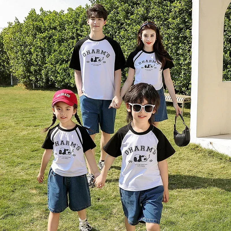 Funny Family Matching T Shirt Panda Parent-child Clothes Korean Mother and Daughter Cotton Tees Father and Son Short Sleeve Tops