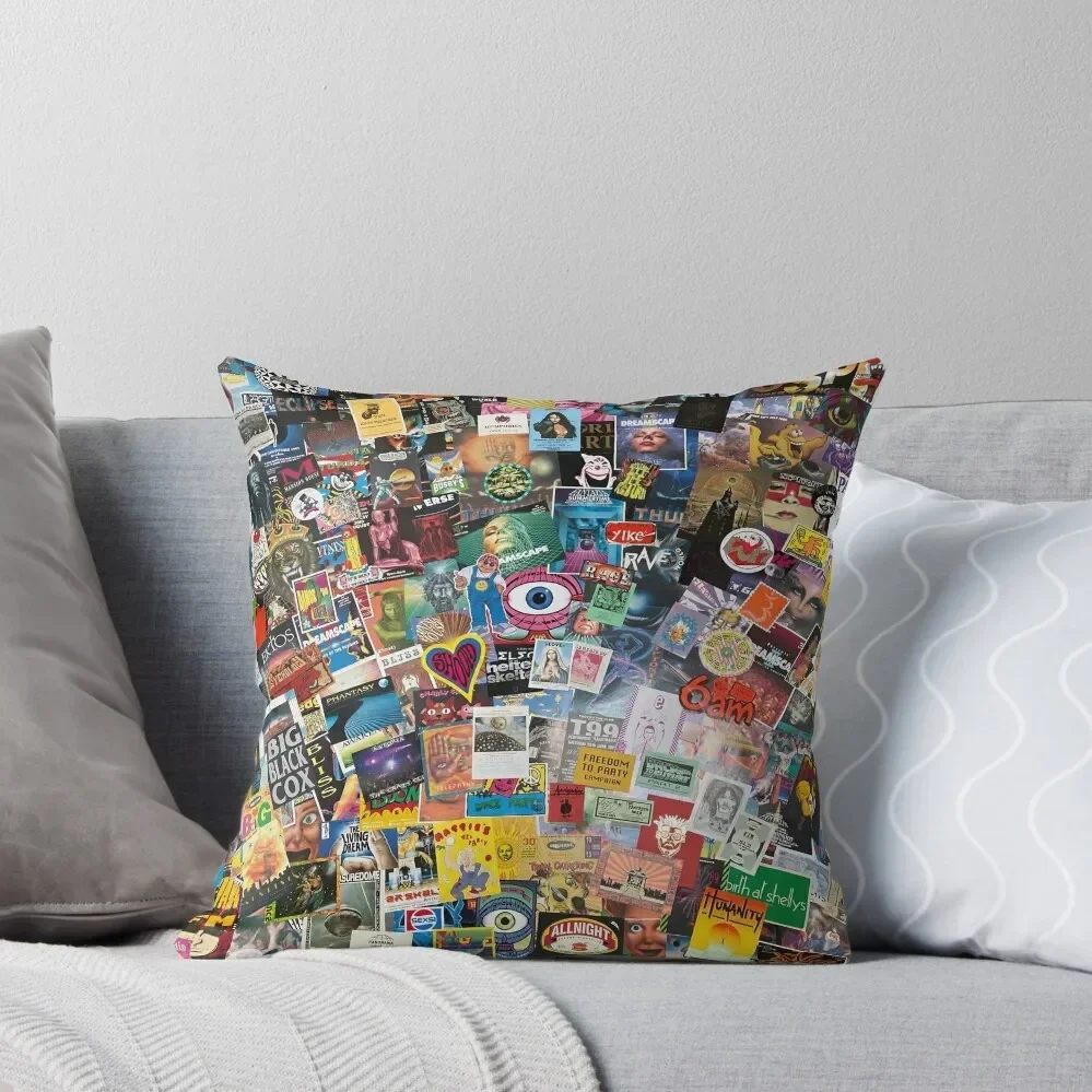 1980s and 1990s Acid House & Rave Flyer Montage Throw Pillow luxury home accessories Pillow Cover pillow