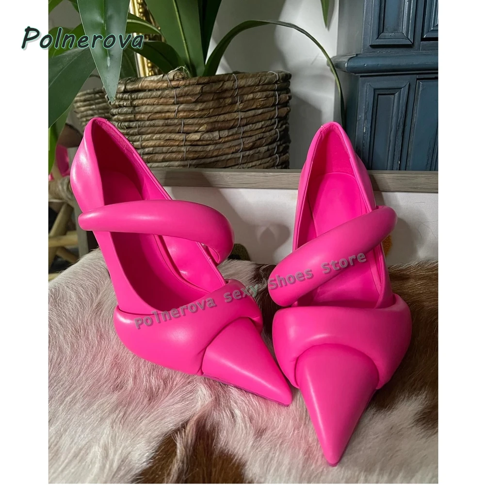 Women's Padded Twist Strap Ballerina High Heels Hot Pink Pointed Toe Pu Leather Shoes for Office Streetwear Fashion Sandals 2026