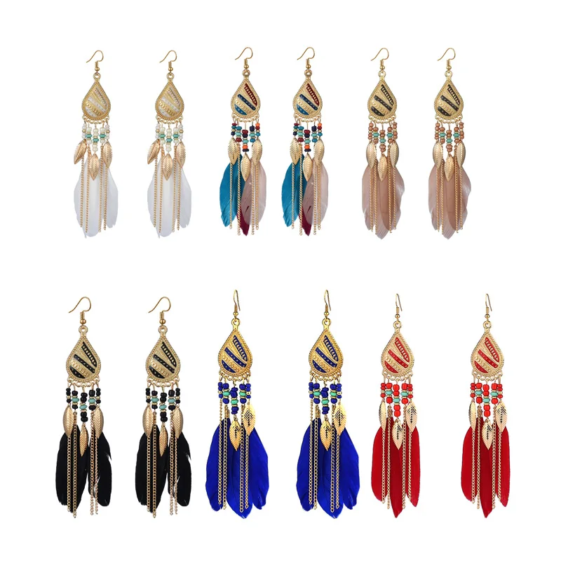 Bohemian Feather Tassel Drop Earrings For Women Ethnic Beads Statement Hanging Earrings Female Wedding Jewelry