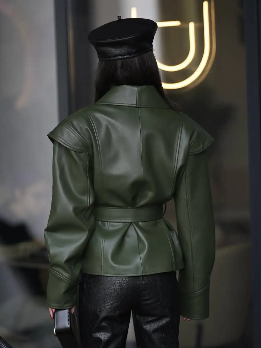 

Women Solid Waist Cinching Leather Jacket Fashion Long Sleeve Lapel Lace Up Pockets Short Coat 2025 Lady Daily Commute Outwear