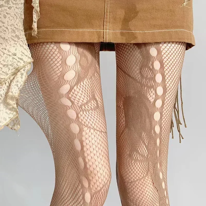 Ins Floral Jacquard Sexy Stockings Women Gothic Punk Black Fishnet Pantyhose Harajuku Lolita Irregular Rose Holes Mesh Tights