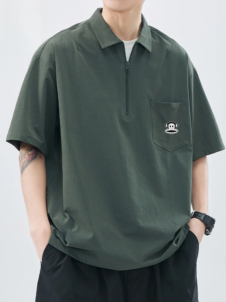 

Мужская летняя тонкая футболка свободного кроя с коротким рукавом на молнии, модная городская повседневная одежда