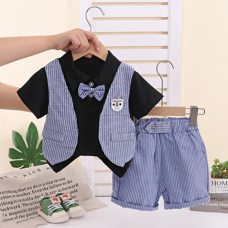 New Summer Children Boys Clothes Kids Gentleman Short Sleeve Patchwork T Shirt  Shorts 2Pcs/Sets Toddler Boy Clothing Outfits